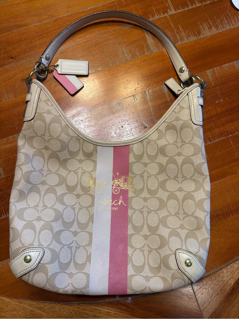 Coach Beige Signature Canvas Hobo with Pink & White Stripe